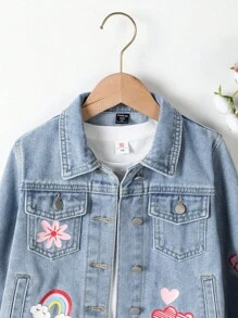 Giacca di jeans per ragazze, giacca casual alla moda di tutti i giorni per esterni con fiocco floreale, design a cuore e lettera, con colletto a bavero, maniche lunghe in denim
