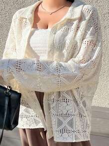 Dazy Plus Blusa blanca holgada de manga larga con cuello de encaje transparente, ropa de vuelta al colegio para tallas grandes - Albaricoque - Ver 1