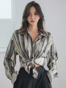 Dazy-Less 女士宽松休闲条纹长袖雪纺衬衫，适合办公室穿着，春夏秋季皆宜，商务休闲女装。 - 黑與白 - 查看 2