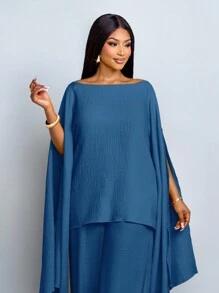 SOLERSUN 大码女装春夏时尚纯色优雅单肩时尚精致短袖不对称下摆斗篷衬衫上衣直筒宽松阔腿裤套装，两件套西装，休闲宽松度假套装女秋装 - 藍色 - 查看 4