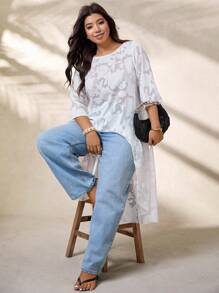 EMERY ROSE Blusa casual de mujer talla grande con estampado de peonía, semitransparente y con bajo asimétrico, para verano