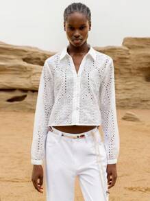 Lumivelle Women's White Semi-Sheer Floral Eyelet Cropped Button-Down Shirt A Casual Woven Top With Long Sleeves And A Collar