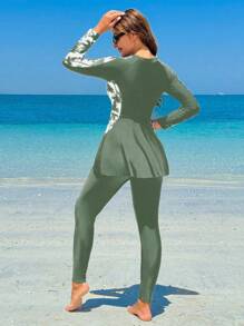 Swim Shayni 2pcs Women's Casual Palm Tree Print Long Sleeve Top And Shorts Burkini Swimsuit Set