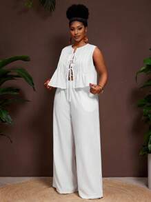 Veslaya Completo da donna taglie forti stile boho per festival musicali e vacanze tropicali, composto da blusa casual senza maniche con volant e laccio, e pantaloni dritti con tasche, adatto per l'uso quotidiano in primavera/estate - Bianco - Visualizzare 7