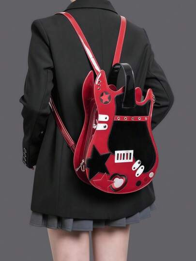 Anime Punk Style Star Rivet Polka Dot Studded Creative Guitar Shape Adjustable Dual Shoulder/Crossbody Bag, Multi-Purpose, Y2K, School Backpack