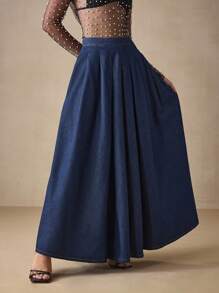 SHEIN ICON Women's Low Waist Extra Long Denim Skirt