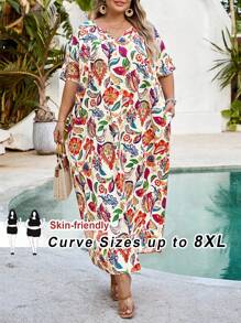 SHEIN CURVE+ 大码女式V领花卉印花蝙蝠袖口袋休闲连衣裙，适合度假夏季/乡村/海滩度假装/沙滩装/沙滩装 - 彩色 - 查看 1