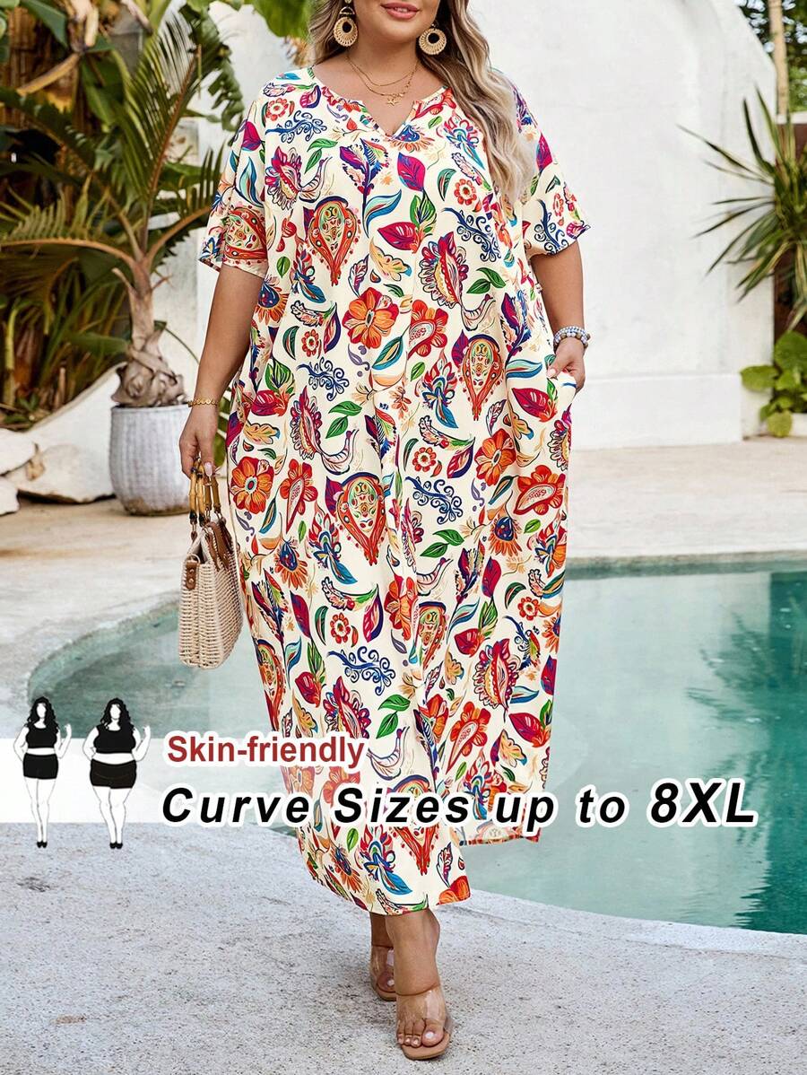 SHEIN CURVE+ 大码女式V领花卉印花蝙蝠袖口袋休闲连衣裙，适合度假夏季/乡村/海滩度假装/沙滩装/沙滩装 - 彩色 - 查看 1
