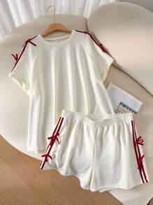 CosyJoli 大码休闲蝴蝶结撞色蝙蝠袖针织T恤和短裤套装 - 杏色 - 查看 7