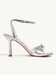CUCCOO SZL Women's Silver Metallic PU Heart Crystal Buckle Decor Strap Ankle Strap Round Toe Fashion Sexy Cute Elegant Summer Date High Heel Sandals - Silver - View 4