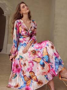 MOTF PREMIUM 女士蝴蝶花卉印花V领褶皱灯笼袖长裙 - 彩色 - 查看 1