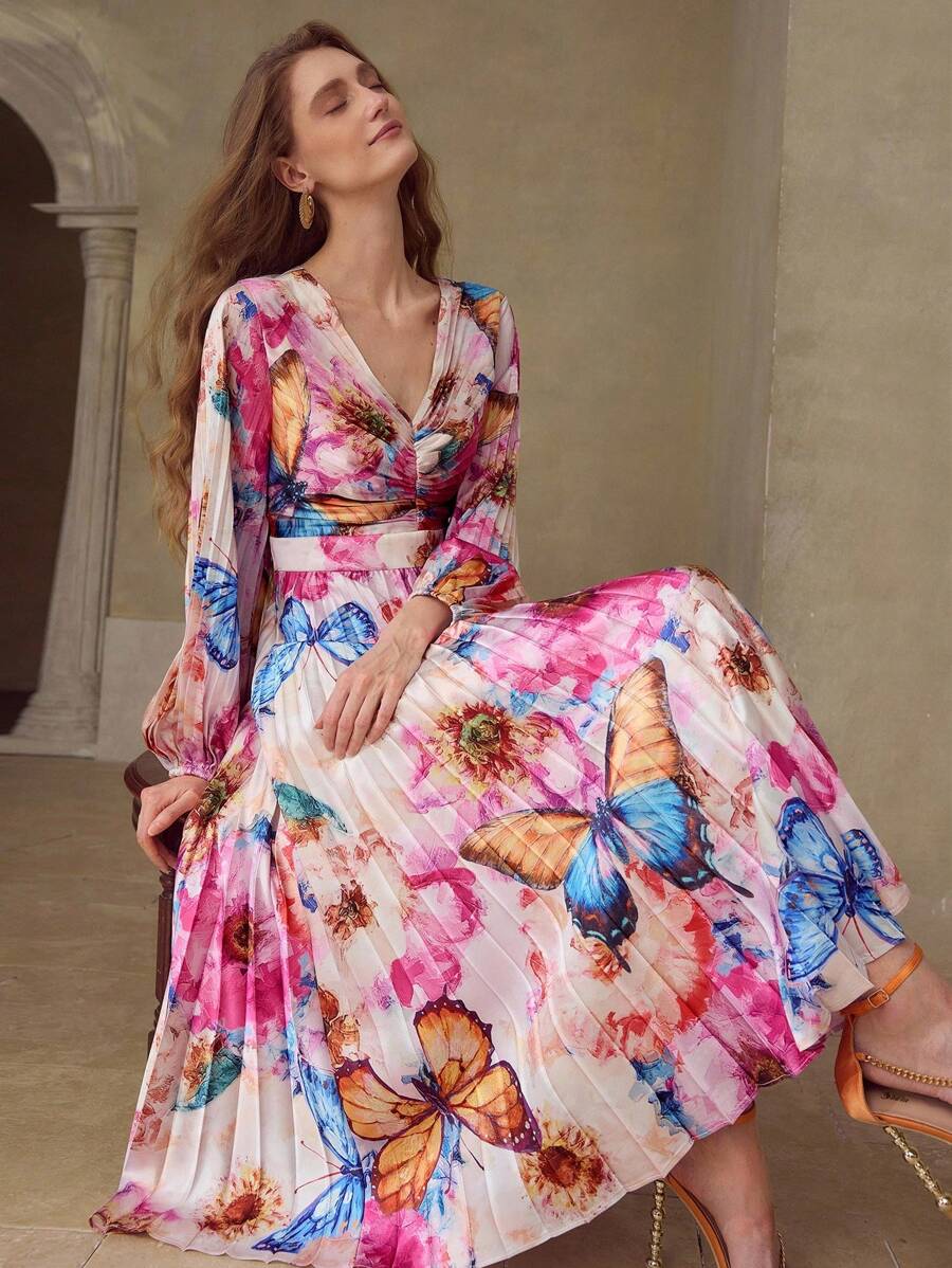 MOTF PREMIUM 女士蝴蝶花卉印花V领褶皱灯笼袖长裙 - 彩色 - 查看 1
