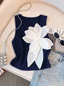 Franclia 女士时尚休闲大号花卉印花修身吊带背心 - 藏蓝色 - 查看 3