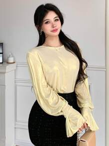 DAZY Women's Bell Sleeve Elegant Sequin Decoration Twist Knot Button Detail Long Sleeve Blouse Top, Business/Party Wear, Spring/Summer/Autumn