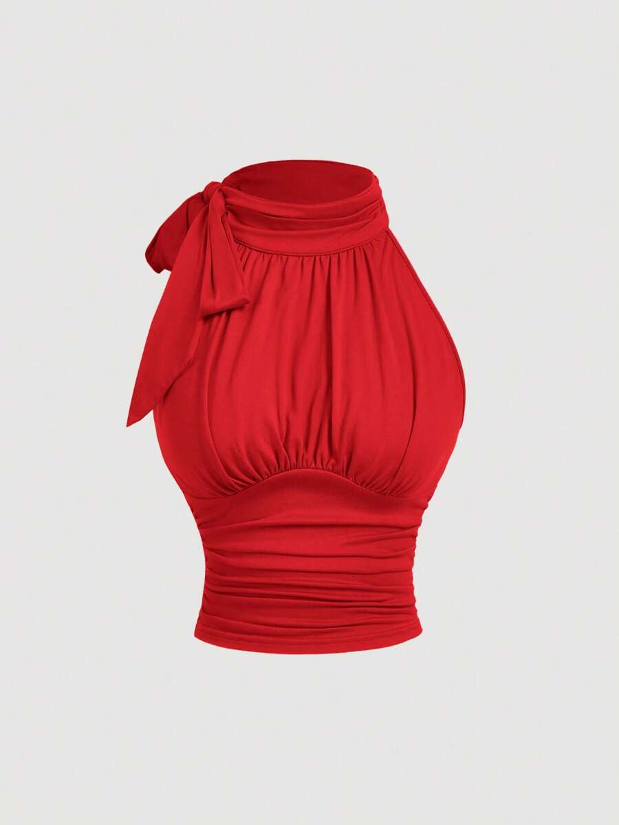 SHEIN MOD Women's Sleeveless Fashionable Fitted Charming Stand Collar Butterfly Ruched Tie-Up Red Blouse,Fall Tops,Work Women Tops,Club Tops,Professional Tops,Fall Clothes