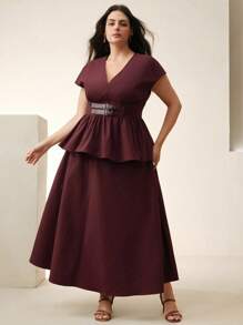 Anewsta Elegant & Fashion Summer Commuter Sleeveless V-Neck With Belt Blouse & Skirt 2-Piece Set For Women - Burgundy - View 3