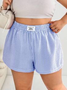 SHEIN EZwear 大码女式蓝白条纹休闲系带短裤，夏季 - 藍白色 - 查看 4