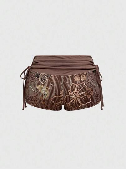 J-Fashion Y2K Sexy Holiday Coconut Girl English Text Low Waist Drawstring Ultra Short Beach Shorts Women, Hibiscus And Leopard Print