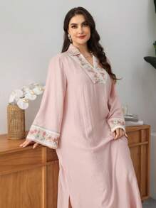 Al Najma Floral Embroidered Collar Flare Sleeve Slimming Dress, Spring/Summer - Pink - View 6