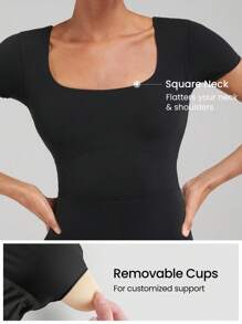 GLOWMODE 6" FeatherFit™ Tummy Control Square Neck U Back Jumpsuit Light Support Low Impact Yoga Studio Summer - Black - View 4