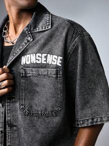 ROMWE MEN Street Life Men's Casual Washed Cartoon Print Denim Jacket - Black - View 6