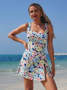 Swim Lushoire 女士碎花印花方领连体泳衣，适合海滩穿着 - 彩色 - 查看 3