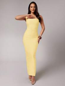 Silquee 女士纯色天鹅领褶皱修身优雅连衣裙，适合情人节派对 - 黃色 - 查看 4