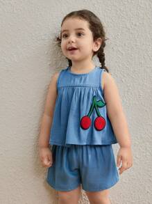 Blossori Baby Girls Countryside Style Cherry Pattern Sleeveless Top And Shorts Set - Blue - View 1