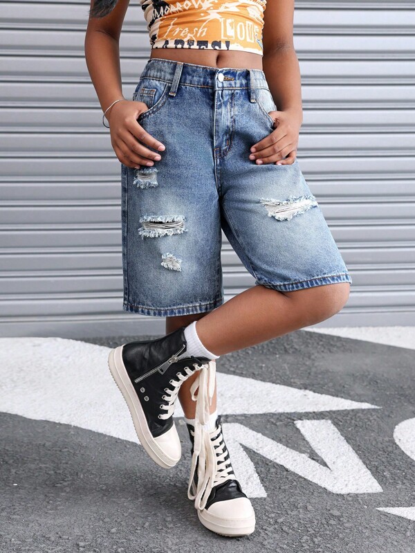 Tween Girls Y2K Causal 2000s Solid Washed High Waist Ripped Denim Baggy Jeans Shorts Bermuda Short,Suitable For Daily Travel, Outdoor, Home, Brunch, Tea Party, Commute, Airport Wear,Girls Autumn Fall Clothes Outfits,Tween Girl Back To School Clothes