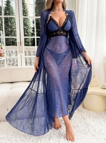 SHEIN 全覆盖提花网眼玫瑰长袍 + 撞色长袖蕾丝露背提花网眼性感美人鱼长睡袍