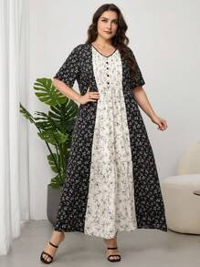 Lacomfia Plus Size Fashionable Contrast Color Floral Patchwork Dress