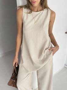 SHEIN Cottnline Women Solid Color Two Pieces Outfits Tops And Pant Sets Beige Two Piece Set Sleeveless Jumpsuit Elegant Jumpsuit Pant Suit Summer Sets Summer Two Piece Set - Beige - View 6