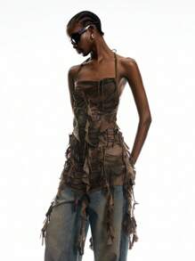 LYSMO 2025 New Arrival Spring-Summer Women's Post-Apocalyptic Style Vintage Distressed Tie-Dye Print Ruffled Asymmetrical Long Slim Halter Neck Camisole For Vacation Outfits And Vintage Casual Partywear