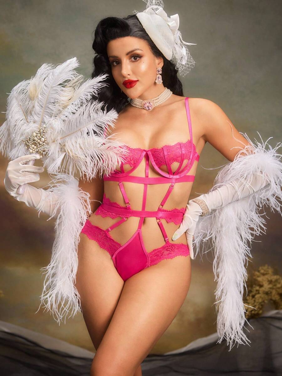 SHEIN Women's Lace Hollow Out Sexy Lingerie Bodysuit - Hot Pink - View 1