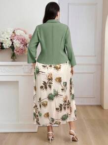 Modelyn 加大码紫色翻领马甲和花卉印花长裙套装，配珍珠纽扣，优雅正式服装两件套