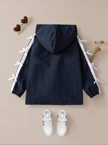 Elladie kids Tween Girls Casual Fashion Long Sleeve English Graphic Striped Trim Bow Decor Jacket Fall Winter - Royal Blue - View 5