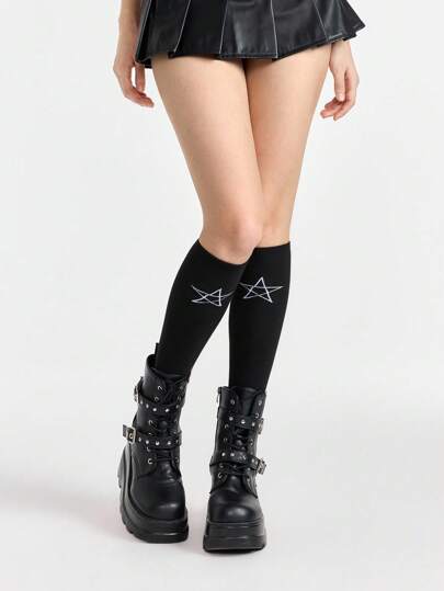 Grunge Punk 1 Pair Dark Rock Star Pattern Solid Color Calf Socks