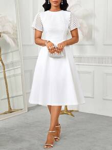 SHEIN Lady Vestido de verano casual y elegante con cuello redondo, mangas con volantes de encaje de malla a rayas, tela resistente, falda de paraguas A-line de cintura ancha, de longitud media, para vacaciones, vestido de invitada de boda, vestido casual de negocios, vestido de mujer para la iglesia, vestido con volantes para conciertos, vestido con peplum para boda - Blanco - Ver 3