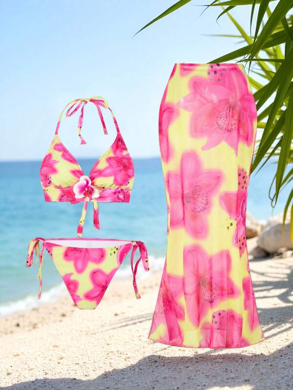 Swim Oasis Plus Size Women 3pcs Floral Strap Tankini Swimsuit Set With Skirt For Summer Beach Vacation