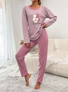 EURMUSE 100%Cotton Embroidery Cartoon & Letter Pattern Striped Lounge Set - Pink - View 4