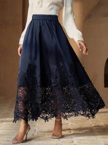 Anewsta Elegant Navy Blue Flared Lace Trim Skirt For Women - Navy Blue - View 6