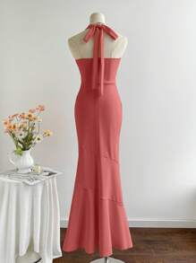 Elamini Summer Elegant Solid Color Backless Halter Fishtail Dress - Rose Red - View 2