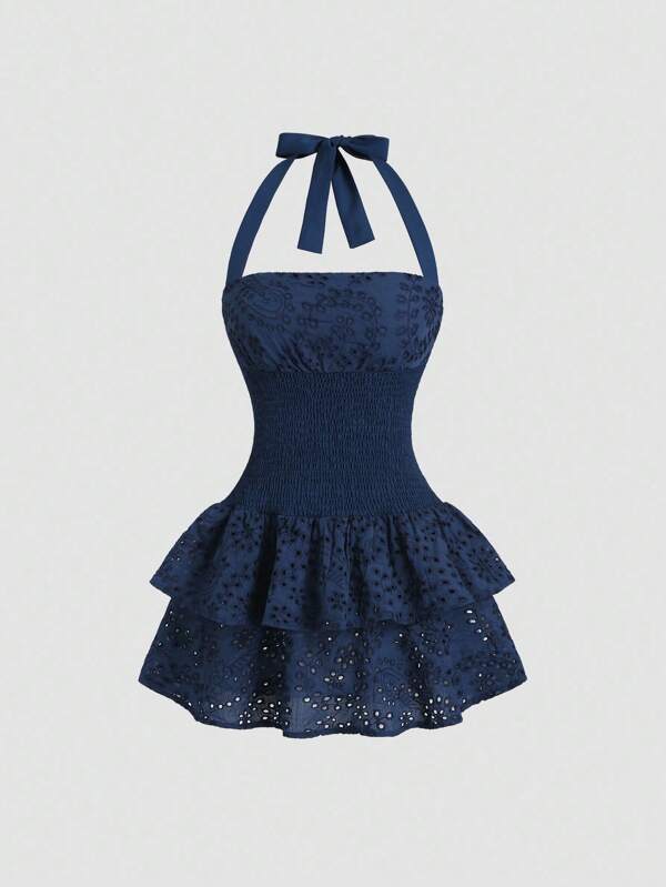 Sweetra Vestido mini de verano ajustado de cuello halter con volantes en capas de color azul para vacaciones en la playa de mujeres