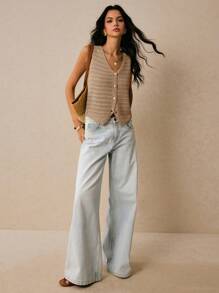 Poéselle 休闲纯色前扣针织背心，秋冬夏季外出上衣女士