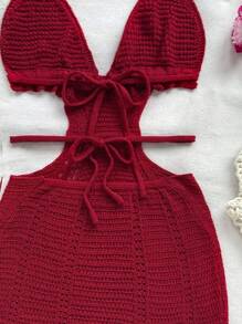 Soleia 全新设计镂空肩带露背白色优雅度假吊带迷你连衣裙 - 酒紅色 - 查看 8