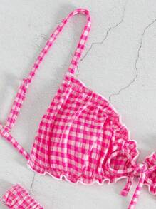 Swim Mod Textured Fabric Ruffle Trim Bowknot Front Drawstring Waist Cute Sweet Fashion Lively Party 2pcs Bikini Set For Summer Beach Vacation - Hot Pink - View 3