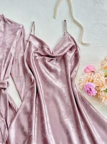 SilkySpell 5 件套女士性感吊带背心、短裤、优雅长袍、睡袍套装、缎面提花、适合所有季节