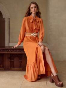 MOTF PREMIUM TIE NECK RUFFLE HEM LONG DRESS - Rust Brown - View 7
