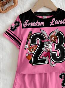 SHEIN 2pc Girls Trip Sports Graphic Set With Number 23, Classic Fashion Sporty Style: Short Sleeve T-Shirt With Sleeve Color Block, Graphic Print And Shorts, Suitable For Summer, Sports, Fitness, Casual Outing, Socializing