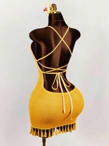 Amplova Gaun Mini Bodycon Tanpa Lengan dengan Leher V Dalam, Tali Pengikat, dan Rumbai, Kain Bertekstur, Cocok untuk Hari Thanksgiving - Kuning - View 1